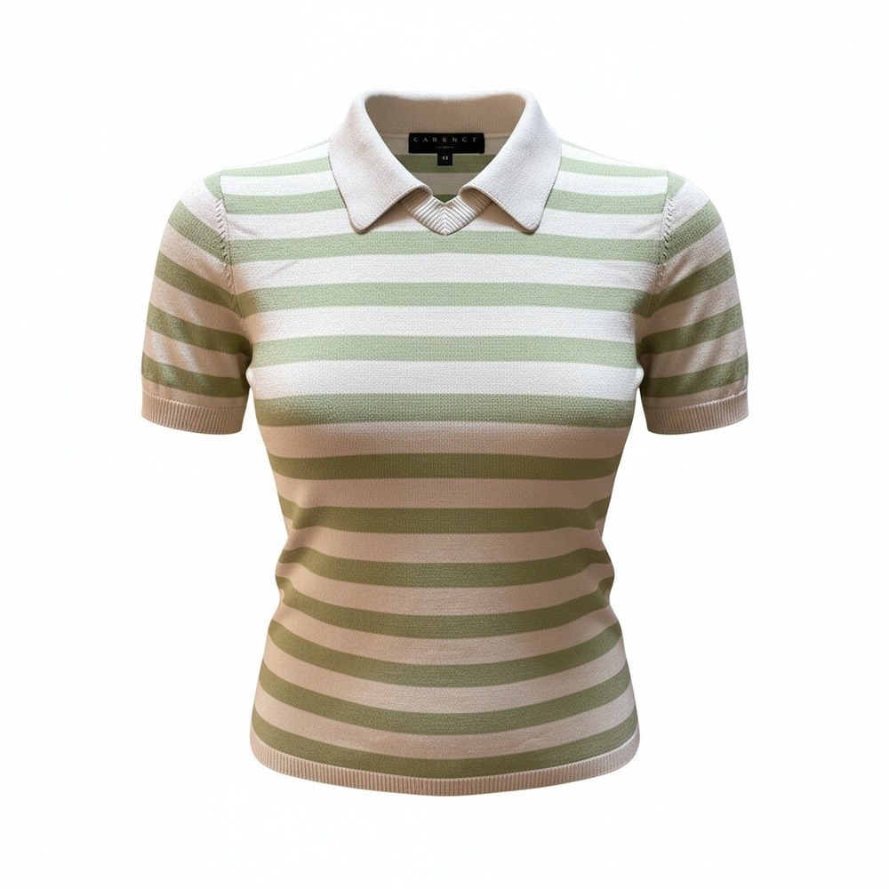 Cadence Silk Polo Top Women Medium Green Striped Luxury Old Money Light Academia